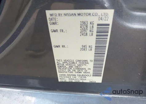 2022 Nissan Altima S Fwd from USA, damaged, VIN 1N4BL4BV0NN368002